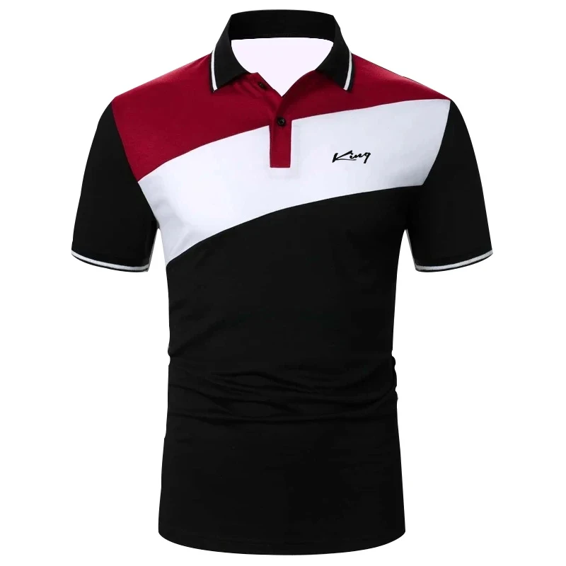 Man wearing a short sleeve color block polo shirt with button-up front, standing outdoors in bright sunlight with relaxed confidence 3 colors