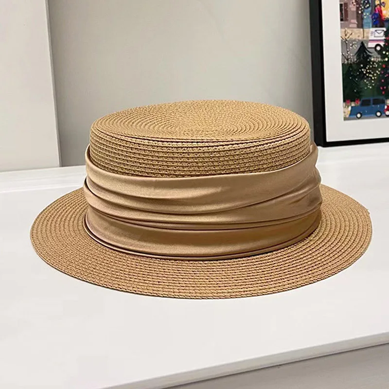 Hand Gewebte Breiten krempe Sommer Sonne Hüte für Frauen Boater Hut Französisch stroh Hut mit Band Band Chapeau Skimmer Sombrero fedoras – Detail 2