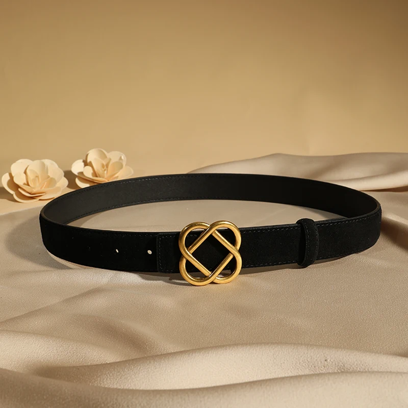 Vintage Style Suede Cowhide Belt with Retro Golden Buckle, 2.8cm Wide