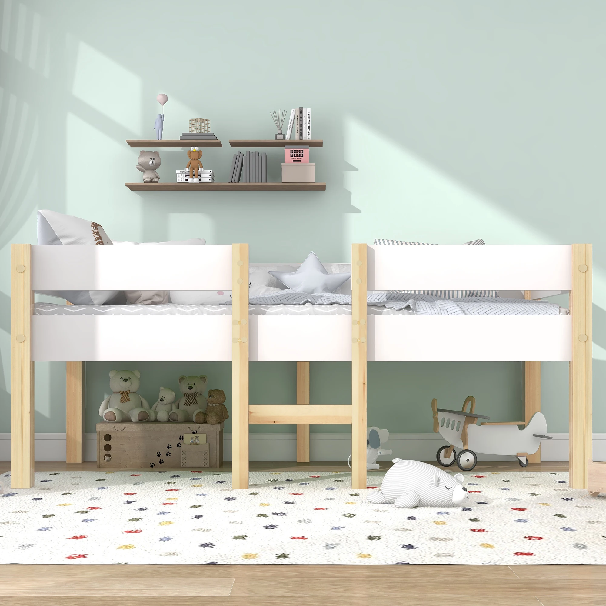 90x Child bed, with fall protection, drink frame with ladder, white and oak color, without mattress 1