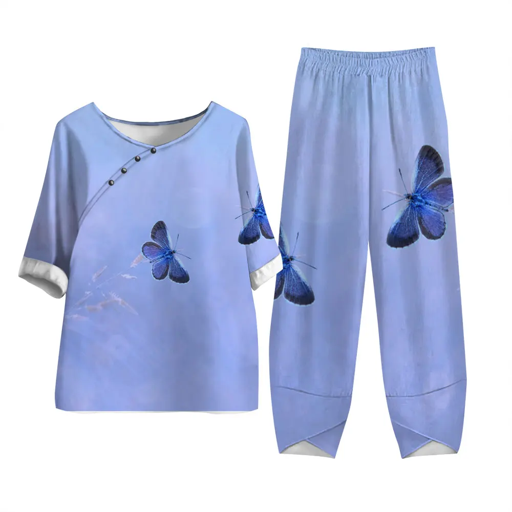 

Женский костюм с круглым вырезом и коротким рукавом, комплект с брюками с принтом бабочки, брюки с высокой талией, летняя повседневная женская элегантная Винтажная футболка, наряды