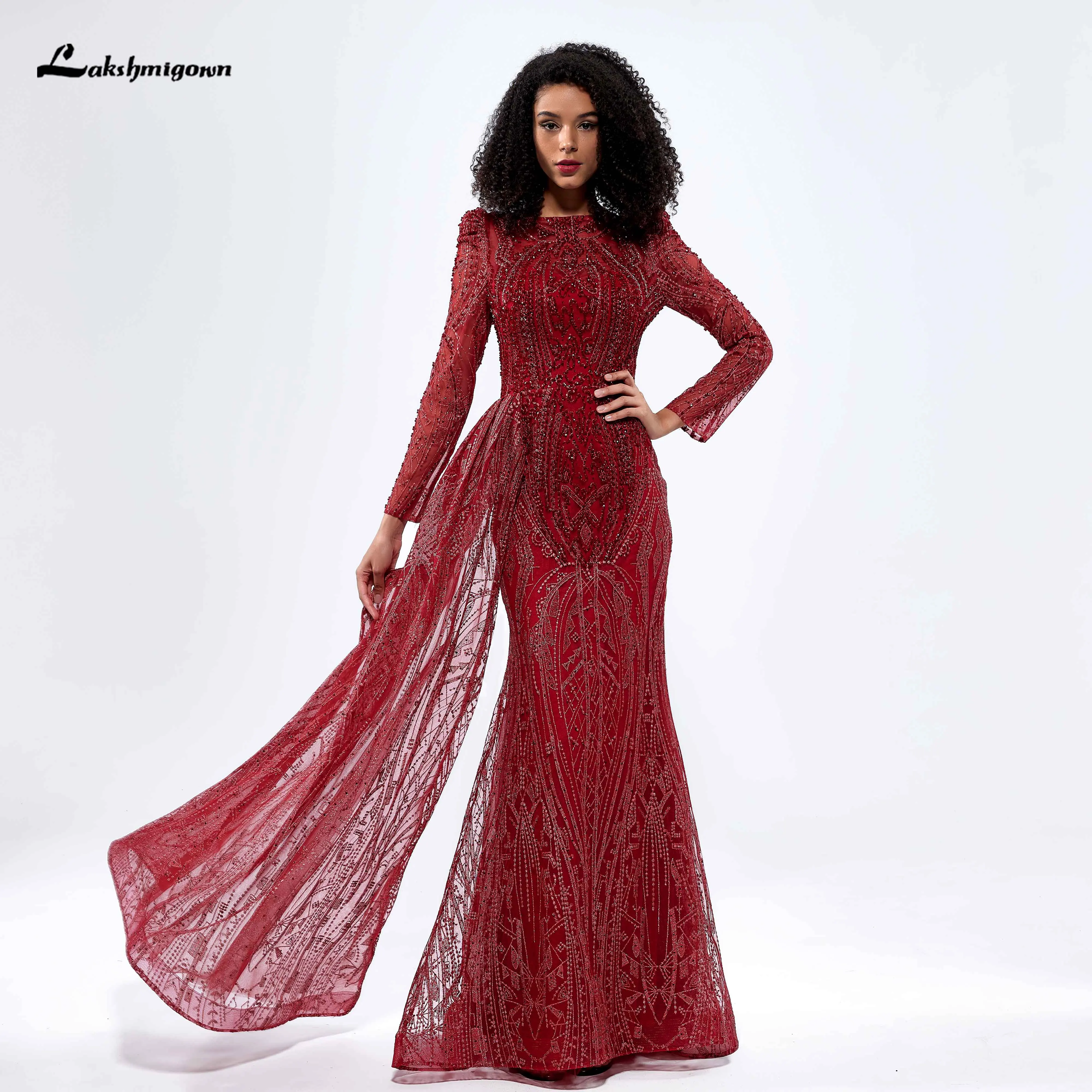 

Женское вечернее платье Lakshmigown, красное платье с круглым вырезом и длинными рукавами, расшитое бисером, для выпускного вечера