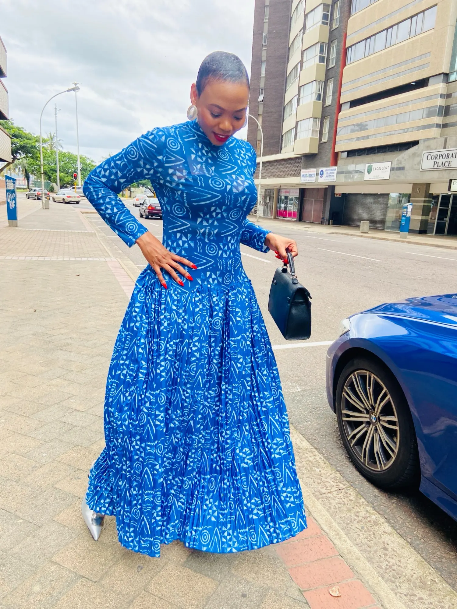 Royal Blue Dress for Women Mid-turtleneck High Waist Transparent Light Long Dress with Sleeves Streetwear Pleated Maxi Dress photo review