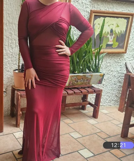 Burgundy Mesh Ruched Long Sleeve Maxi Dress Party Formal Wear photo review