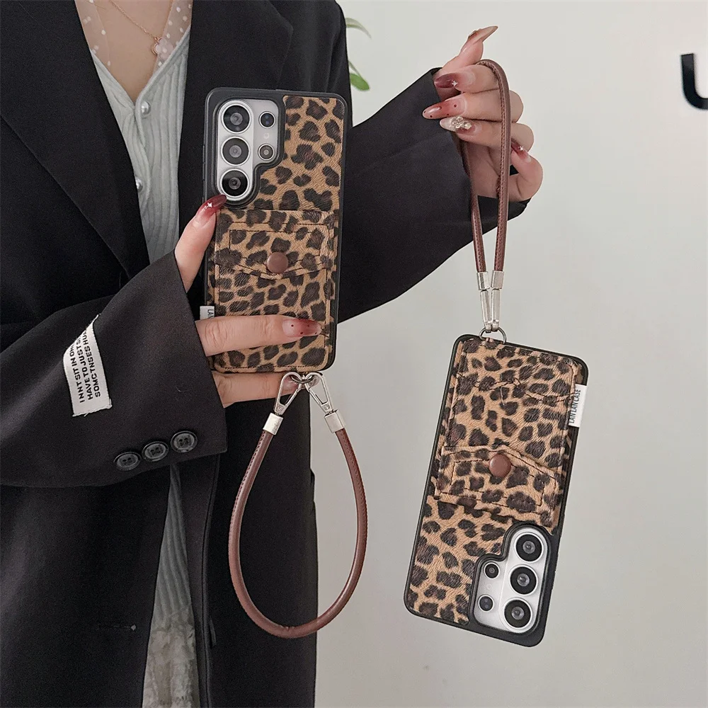 Luxury Leather Leopard Phone Case with Card Holder and Chain Design