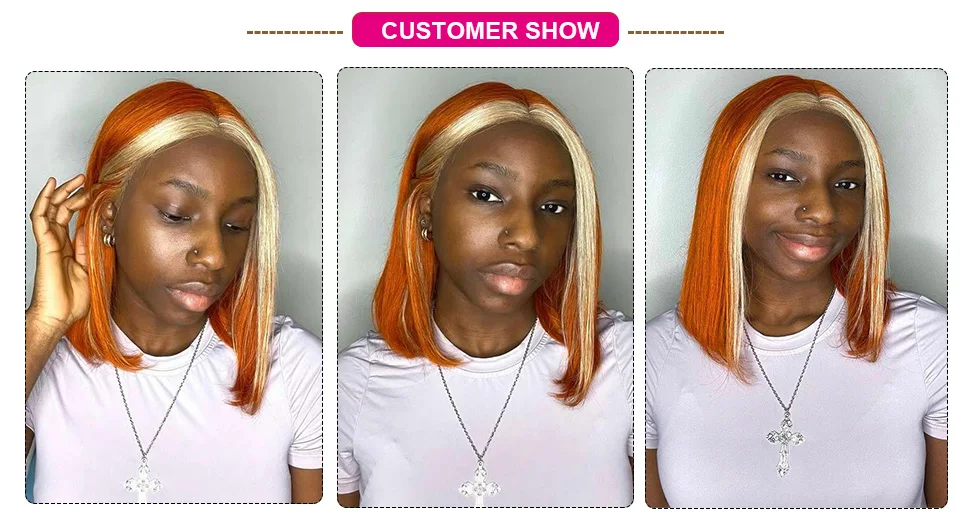 Ginger Short Bob Lace Front Wigs 100% Human Hair Wigs Lace Wigs For Women Blonde Orange Straight Brazilian Hair T Part Wig QVR