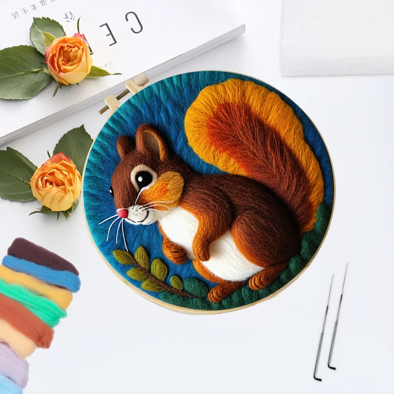 CHENISTORY Diy Wool Felting Hedgehog, Squirrel, Lion Art Kit With Frame Stress-Relief & Needle Felting Painting Set Home Decor