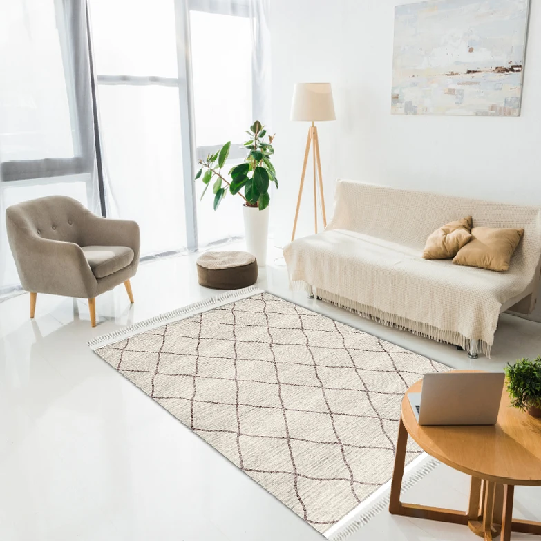 

Decoration ethnic lattice pattern carpet - Beige and mink rug, colorful area and bedroom, living room carpet - Gift home carpet