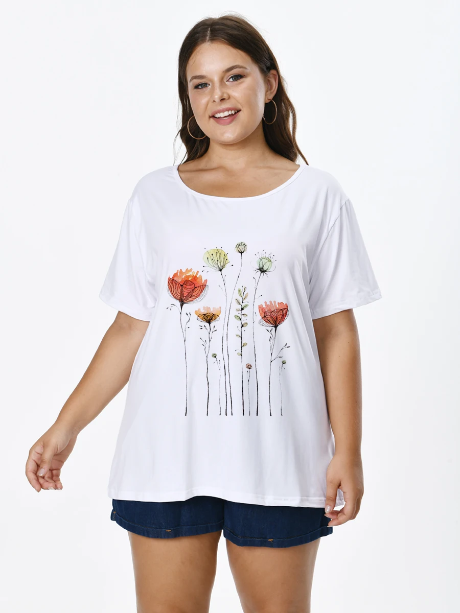 

Plus Size Women T-shirt With Flowers Print O-neck Short Sleeve Tops for FEMMES Large Tunics Blouses Mujeres Talla 22061408
