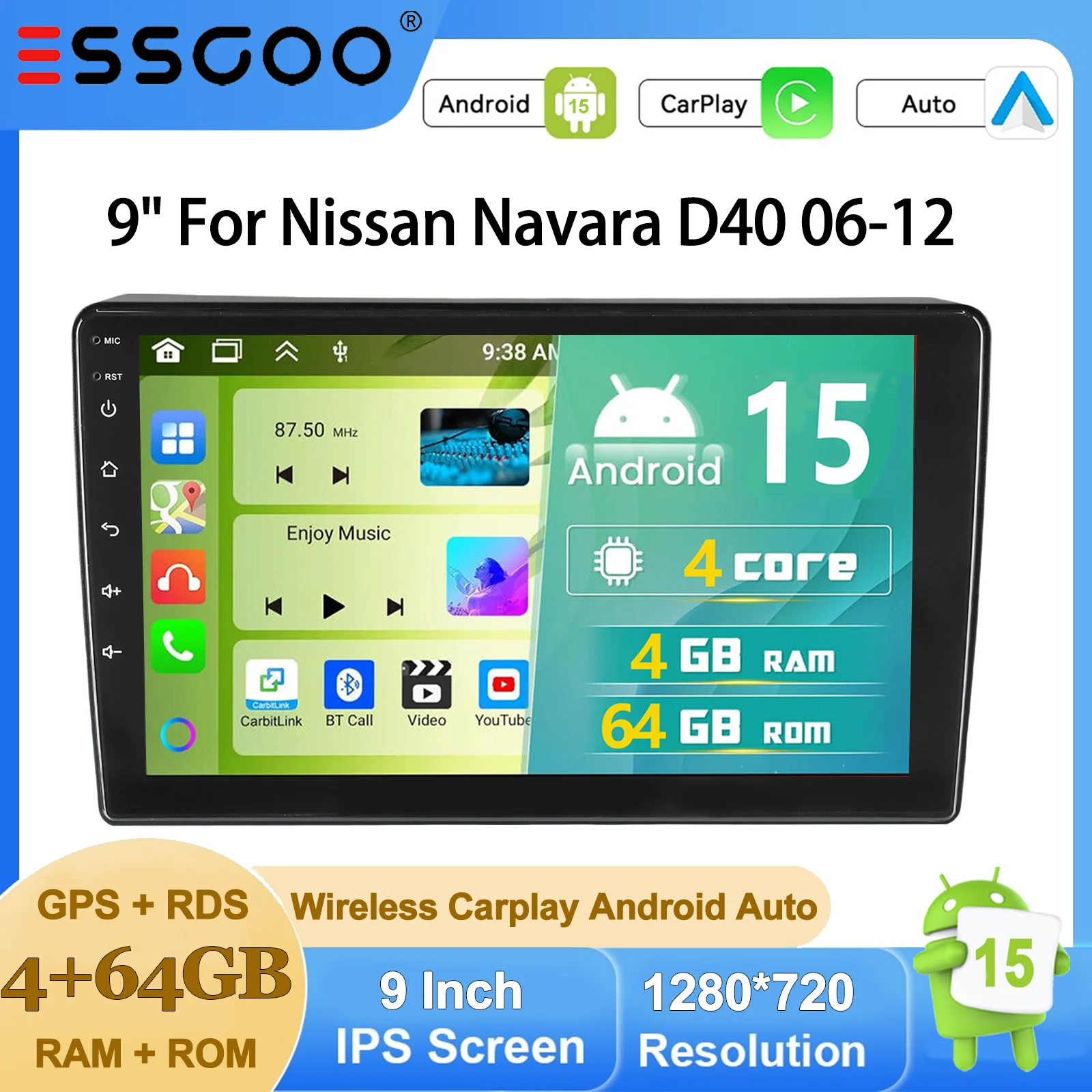 Autoradio ESSGOO Android 15 9 Zoll 2+32G/4+64G für Nissan Navara D40 2006-2012 Drahtloses CarPlay Android Auto GPS Navigation Bluetooth RDS FM WiFi Lenkradsteuerung Mirror Link IPS Touchscreen Head-Unit