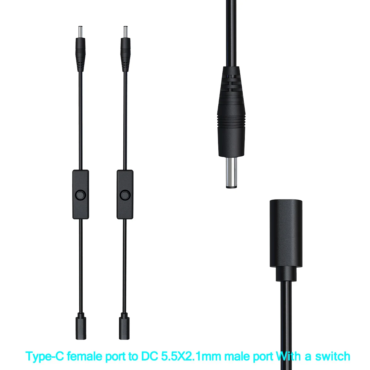 Versatile Type C Power Extension Cord with On/Off Switch – USB-C, Micro-USB, and DC 5.5x2.1mm Connectors, Ideal for Various Devices – 5V