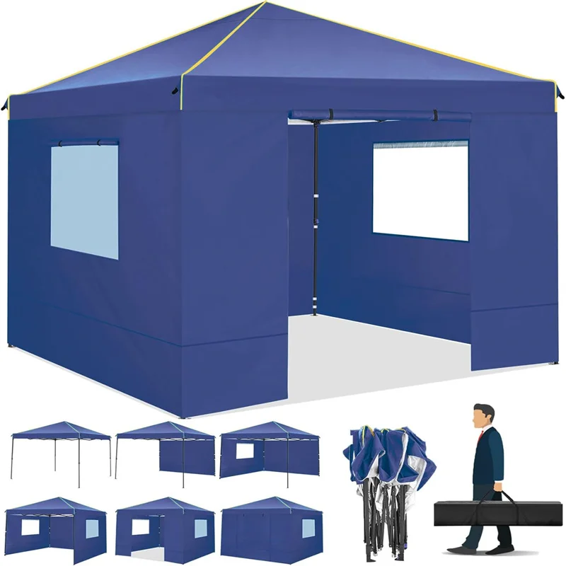 10x10ft Pop Up Canopy Gazebo Tent Awning With Mesh Window 4 Sidewall Carry Bag 4 Stakes Ropes For Party Event Garden Courtyard — Navy Blue