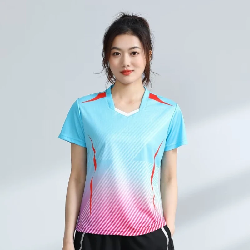 Women's Badminton Jerseys Gradient Female Short Sleeve Tennis Clothes Team Competition Training Slim Sports Fitness Tshirt