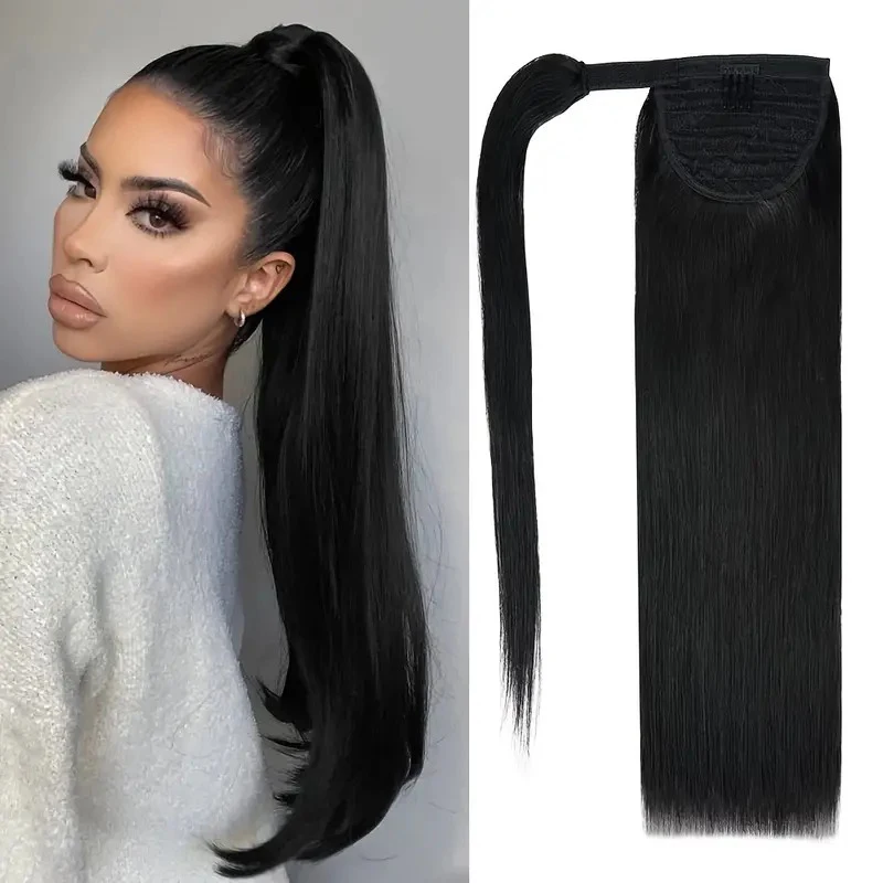 

Straight Ponytail Human Hair 12-30 Inch Wrap Around Ponytail Extension Human Hair Women Hairpiece Natural Black Color