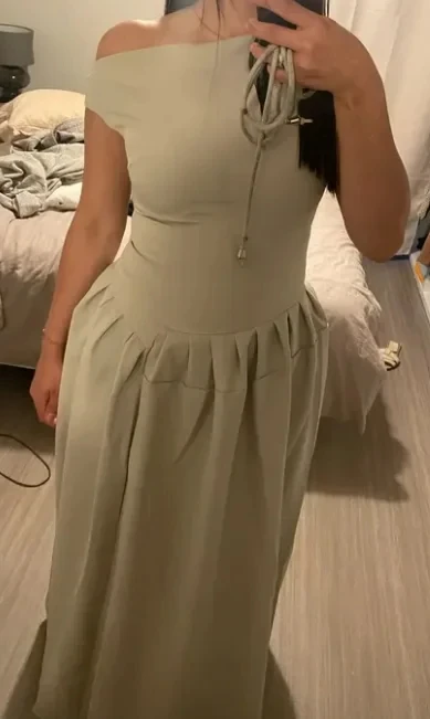 Elegant Pleated Midi Dress For Women Fashion Street Short Sleeve Patchwork Long Dress Casual Office Lady Irregular Neck Vestidos photo review