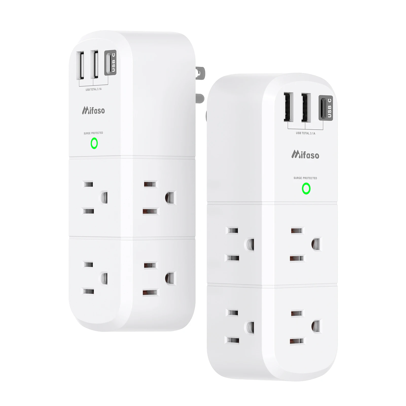 2 Pack USB Outlet Extender Surge Protector-with Rotating Plug, 6 AC Multi Plug and 3 USB Ports (1 C), 1800 Joules