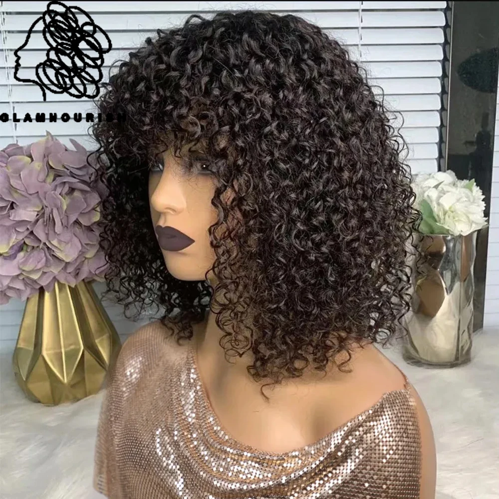 

Short Curly Bob Wig With Bangs 200% Density Glueless Brazilian Curly Wig Cheap Curly Human Hair Bang Wig No Lace Human Hair Wigs