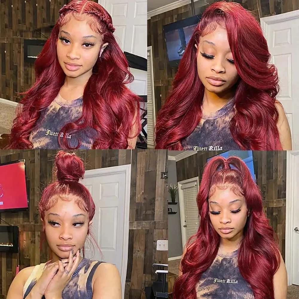 99J Invisible Strap 360 Full Lace Glueless Wigs Human Hair With Drawstring Pre Cut Body Wave Burgundy HD 360 Lace Frontal Wig