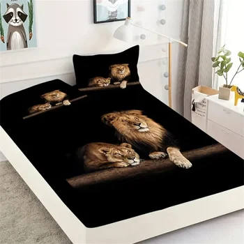 Luxurious Lion-Themed Fitted Sheet Set 2/3pcs - Ultra-Soft, Animals Fabric with Deep Pocket - Ideal for Bedroom and Dorm Room 1