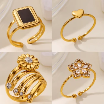 Cute Claw Daisy Rings for Women Stainless Steel Geometric Flower Heart Ring Aesthetic Wedding Waterproof Jewelry Gifts