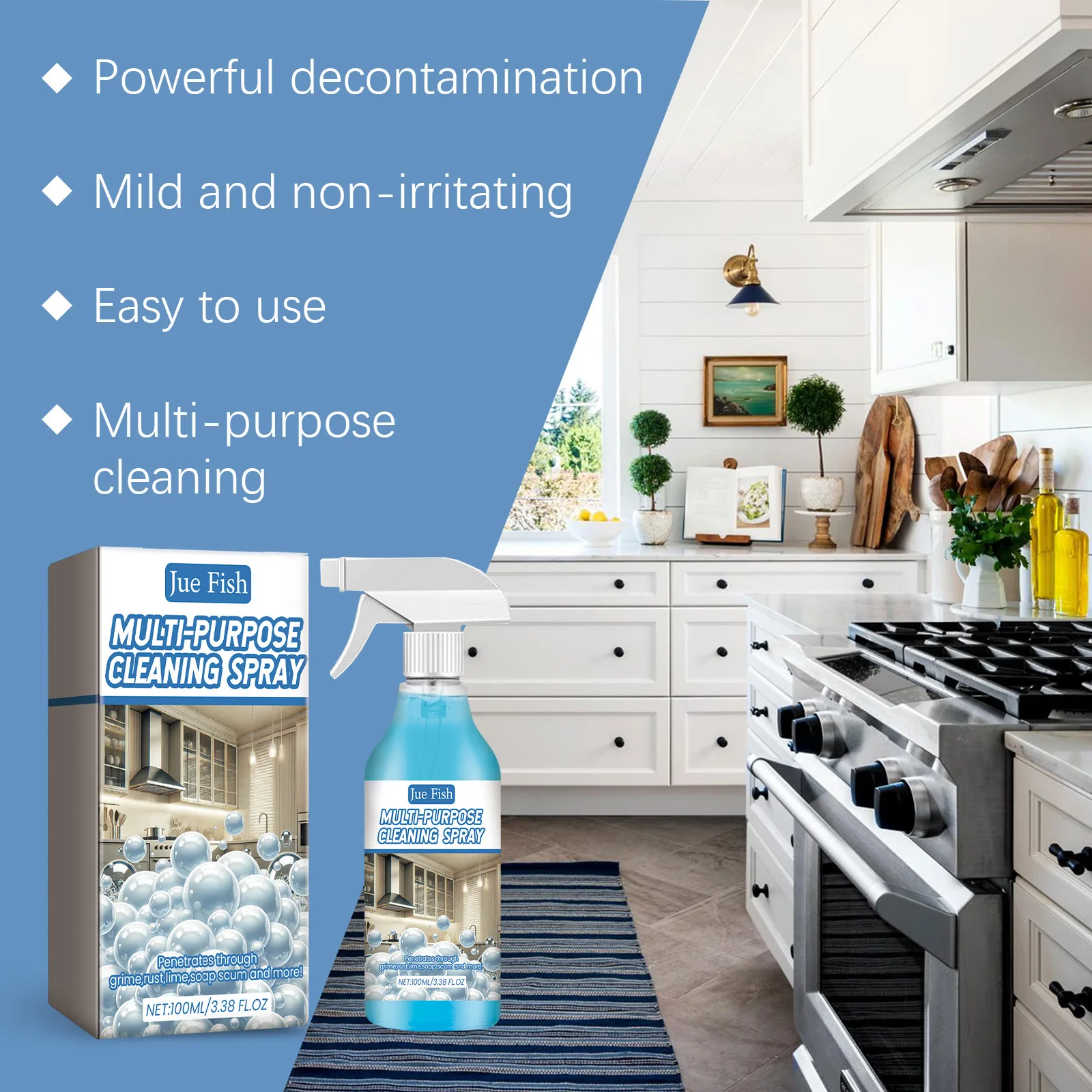 Jue-Fish 100ml Kitchen Effective Greases Cleaner Grills Ovens Heavy Oil Stain Remove Cleaning Refreshing Bubble Cleaner Spray