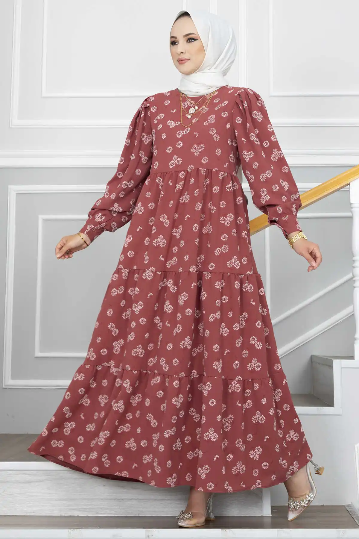 

Women's Clothing Daisy Printed Aerobin Hijab Dress Summer For Robe Femme Musulmane Puff Sleeve Muslim Abaya Elegant Modest Party