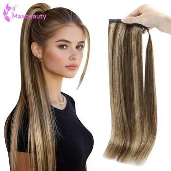 Ponytail Extension Human Hair For Women Clip In Ponytail Hair Extension Straight Hair Pieces #4/27 Color Wrap Around Ponytail