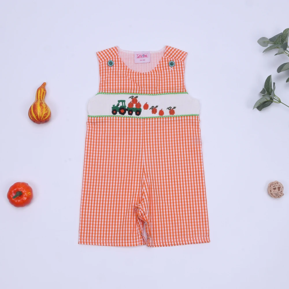 

Factory Outlet Handmade Smocked Romper Cute Orange Pumpkin Truck Jumpsuit Newborn Toddler Lattice One-Piece Pants For Baby Boys