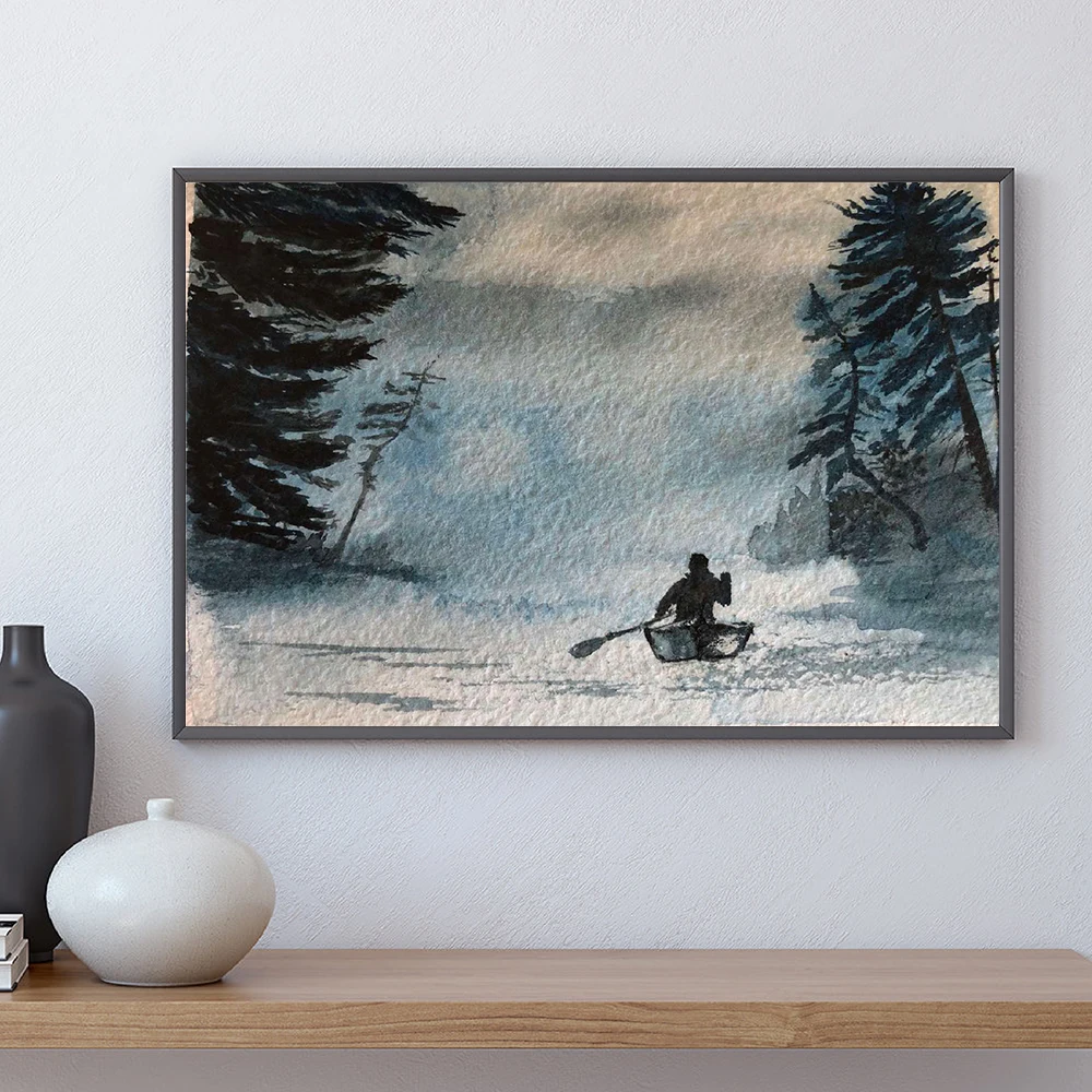 

River in the Forest Landscape Painting On Canvas Poster Pine Forest In The Fog Watercolor Prints Vintage Wall Picture Home Decor