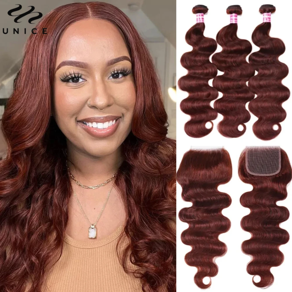 UNICE Hair Reddish Brown Body Wave Human Hair Bundles with Closure Human 4x4 Lace Closure With 2/3/4 PCS Bundles Deal