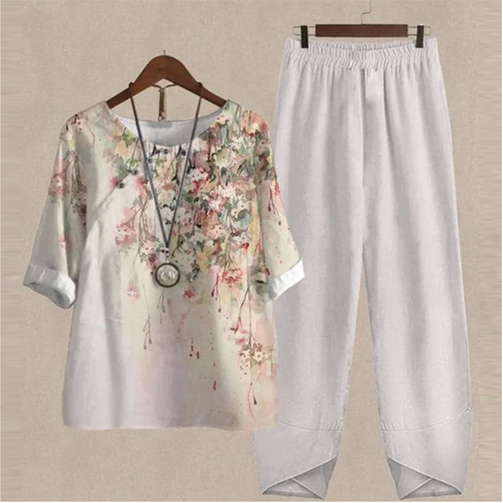 Conjunto feminino de camisa de manga curta solta e calça de cintura alta, roupas estampadas florais, elegante terno vintage feminino, verão, outono, 2 peças