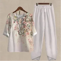 Summer 2 Piece Set Women Loose Short Sleeve Shirt Top High Waist Pants Flower Print Outfits Ladies Elegant Vintage Suit Fall - Image 6