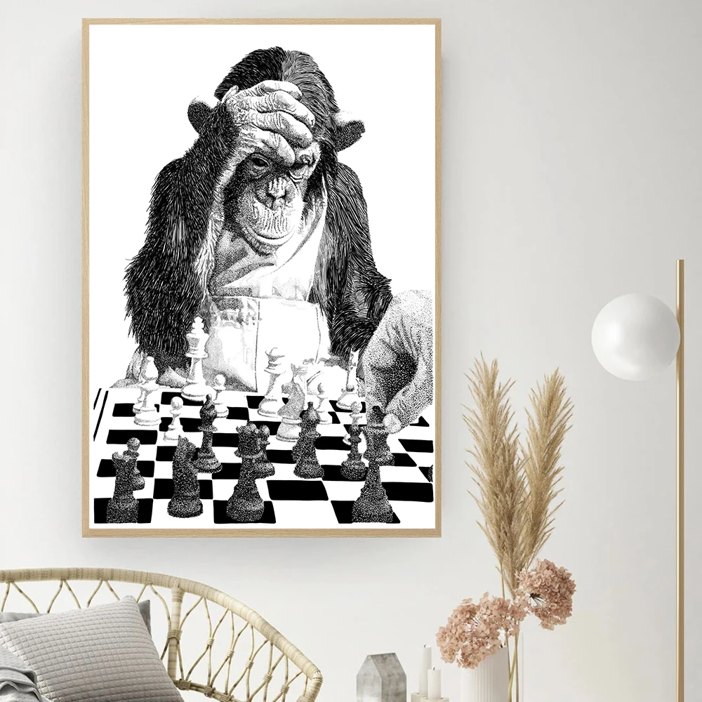 Black and White Funny Monkey Play Chess Poster and Print Vintage Wall Art Canvas Painting Retro Picture Toilet WC Home Decor