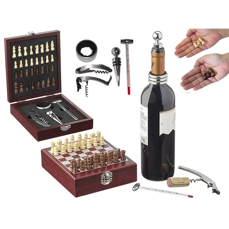 Kit Para Vinho Com Jogo De Xadrez Madeira Promo