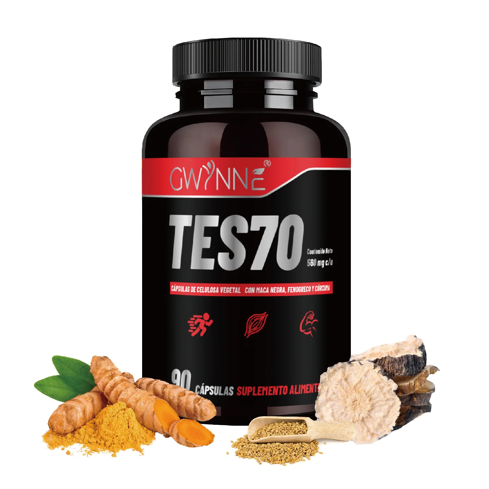 Gwynne Tes70 560mg Con Maca Negra,creatina Y Cúrcuma,aumento De Resistencia, Suplemento para la Energía y Salud Masculinas,Mejora el Estado de Ánimo, Energía y Rendimiento Masculino 90 Cápsulas