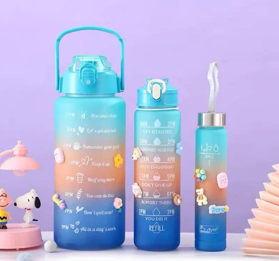 Kit da Garrafa de Água Squeeze Motivacional Com Adesivos 300ML+900ML+2000ML