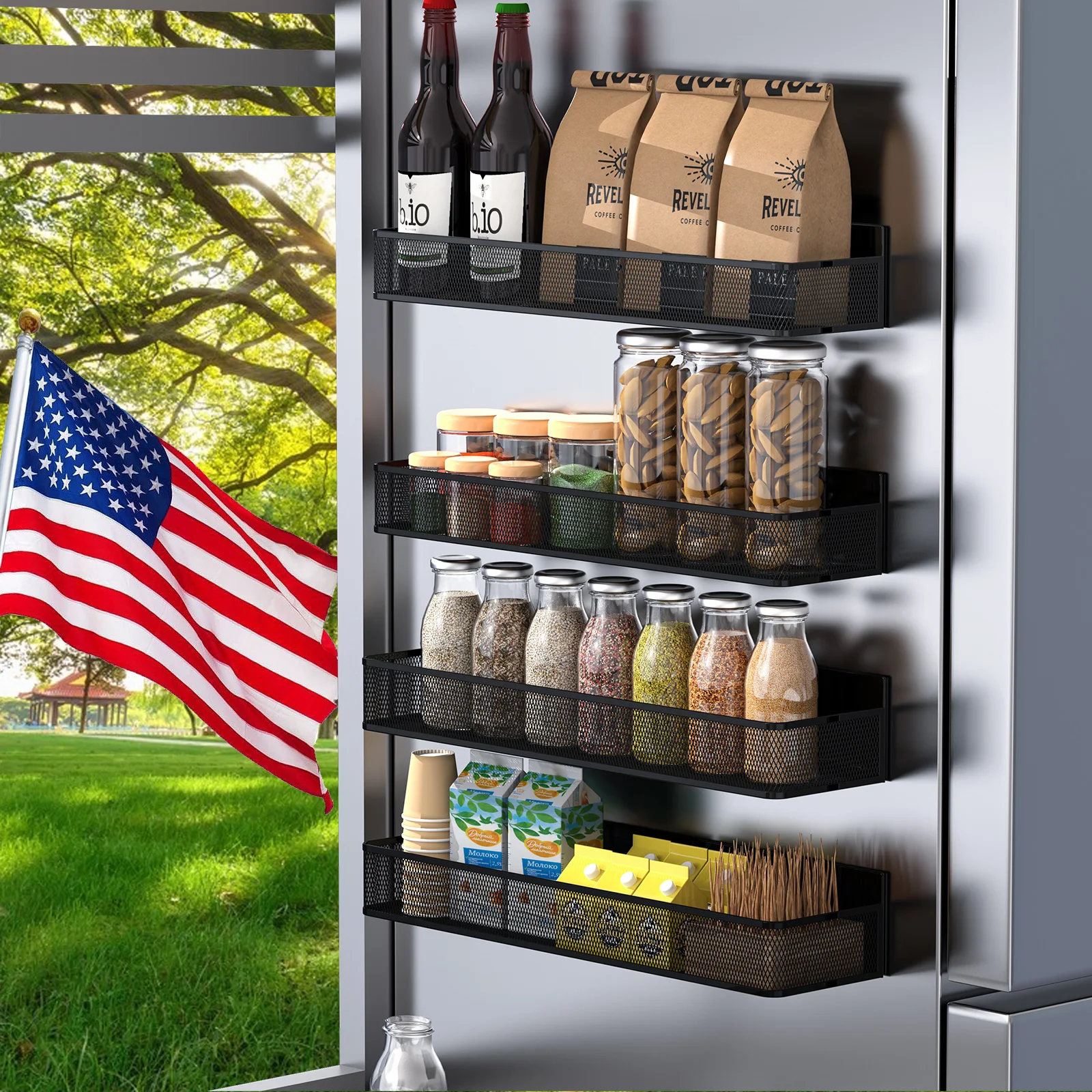 A 4-piece set of black magnetic spice racks and holders attached to the side of a refrigerator, organized with various kitchen items.
