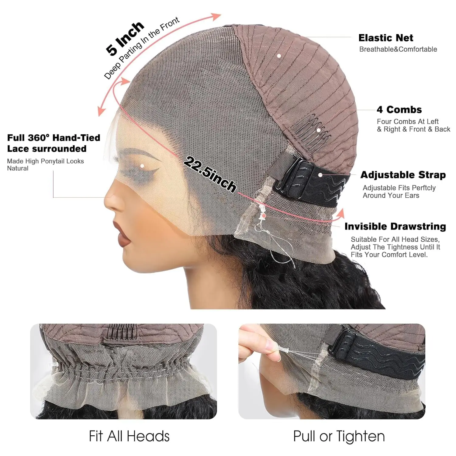 Invisible Strap HD 360 Lace Front Wig Human Hair Deep Curly Preplucked 360 Full Lace Wig Drawstring Glueless Wig Human Hair