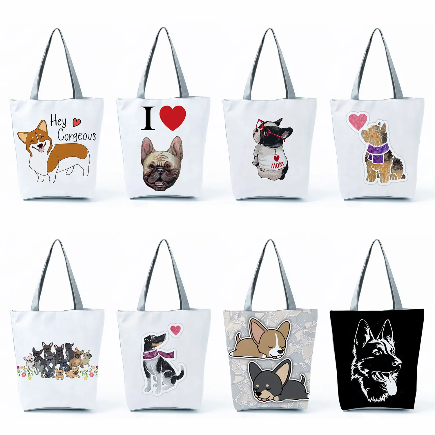 

French Bulldog Bull Terrier Handbags High Capacity Print Women Shoulder Bag Kawaii White Tote Travel Portable Shopper Bag Female