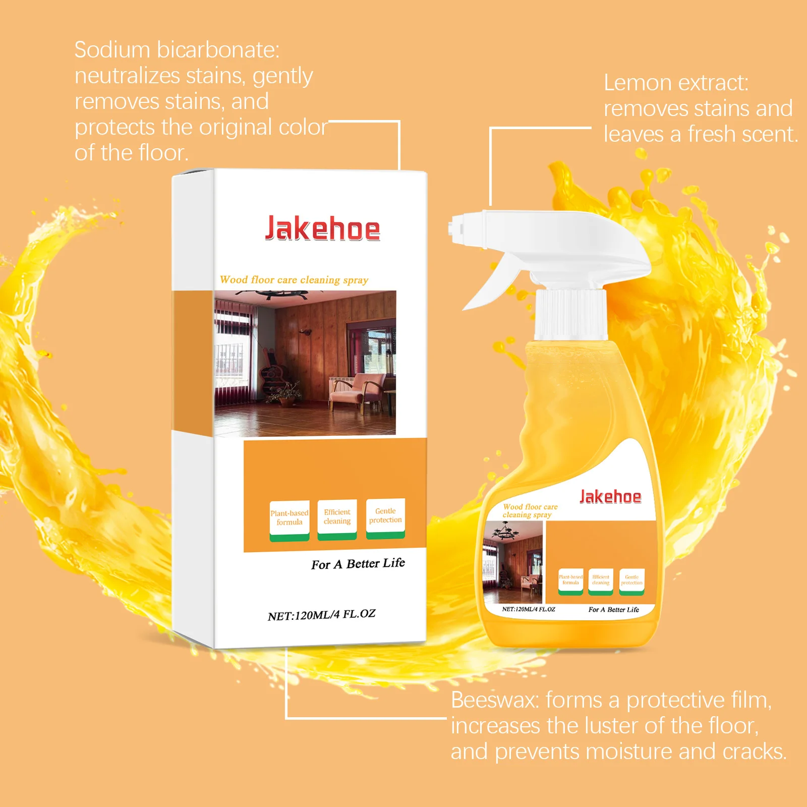 Jakehoe Beeswax Floor Cleaner Spray Cleaning Dirts Lasting Protect Restoring Original Color Enhance Gloss Wood Floor Care Spray