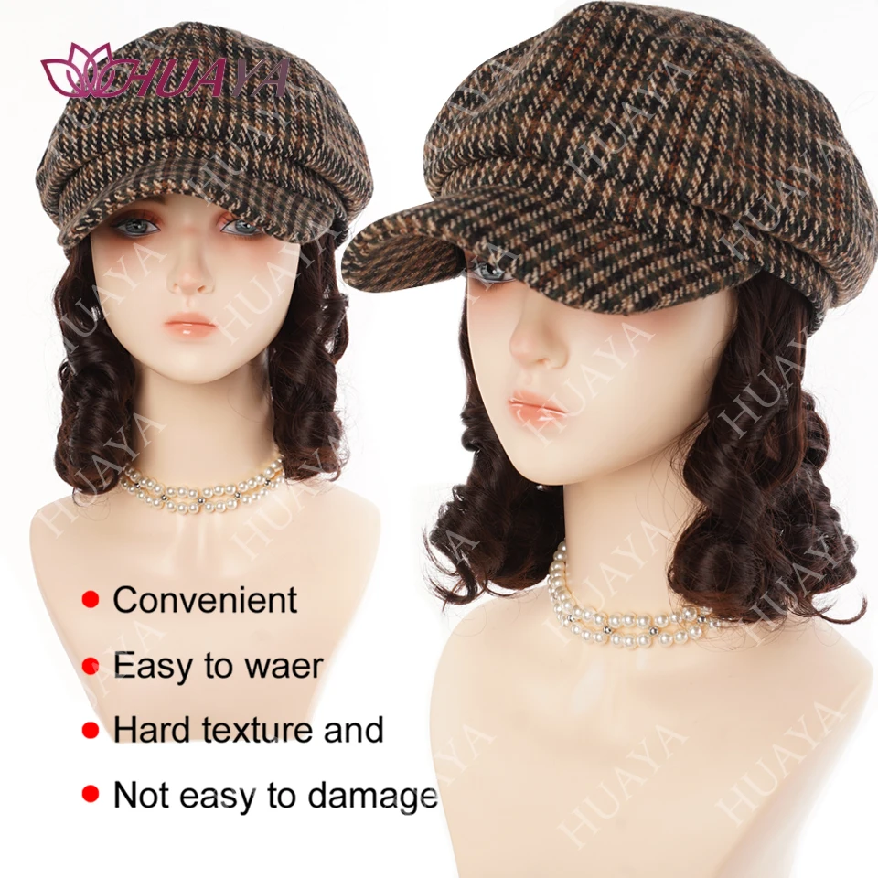 Synthetic Short Curly Wave Hat Wig for Women Fashion Beret Hair Extensions Autumn Winter Women Hat Wig Accessories
