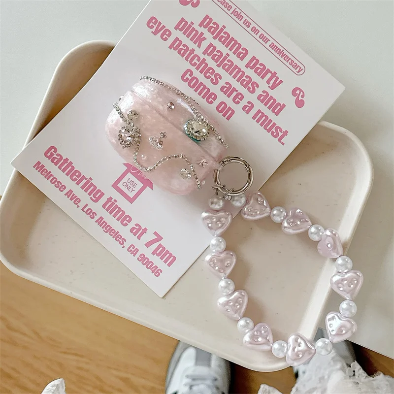 Luxury Pink Diamond Headphone Case with Pearl Chain