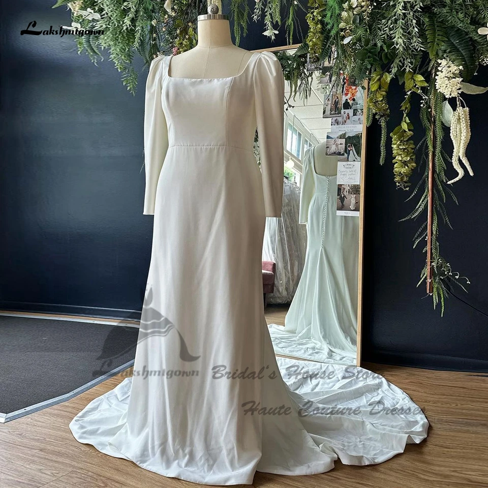 

Lakshmigown Elegant Women Crepe Long Sleeve Wedding Dresses Mermaid Style 2024 Square Neckline Simple Boho Beach Bridal Gowns