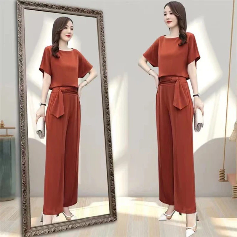 

2022 summer new pure color women's short sleeve Wide Leg Pants Set women's slim fashion vertical Satin two-piece set