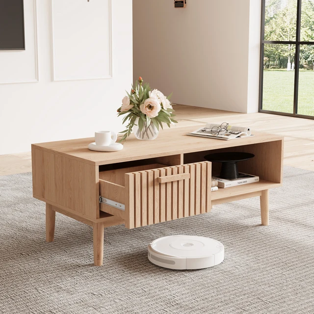 Superaly, table basse en rotin, table d'appoint pour canapé, table basse rectangulaire pour le salon, table basse avec tiroir et compartiment de rangement, armoire de salon, couleur naturelle 1