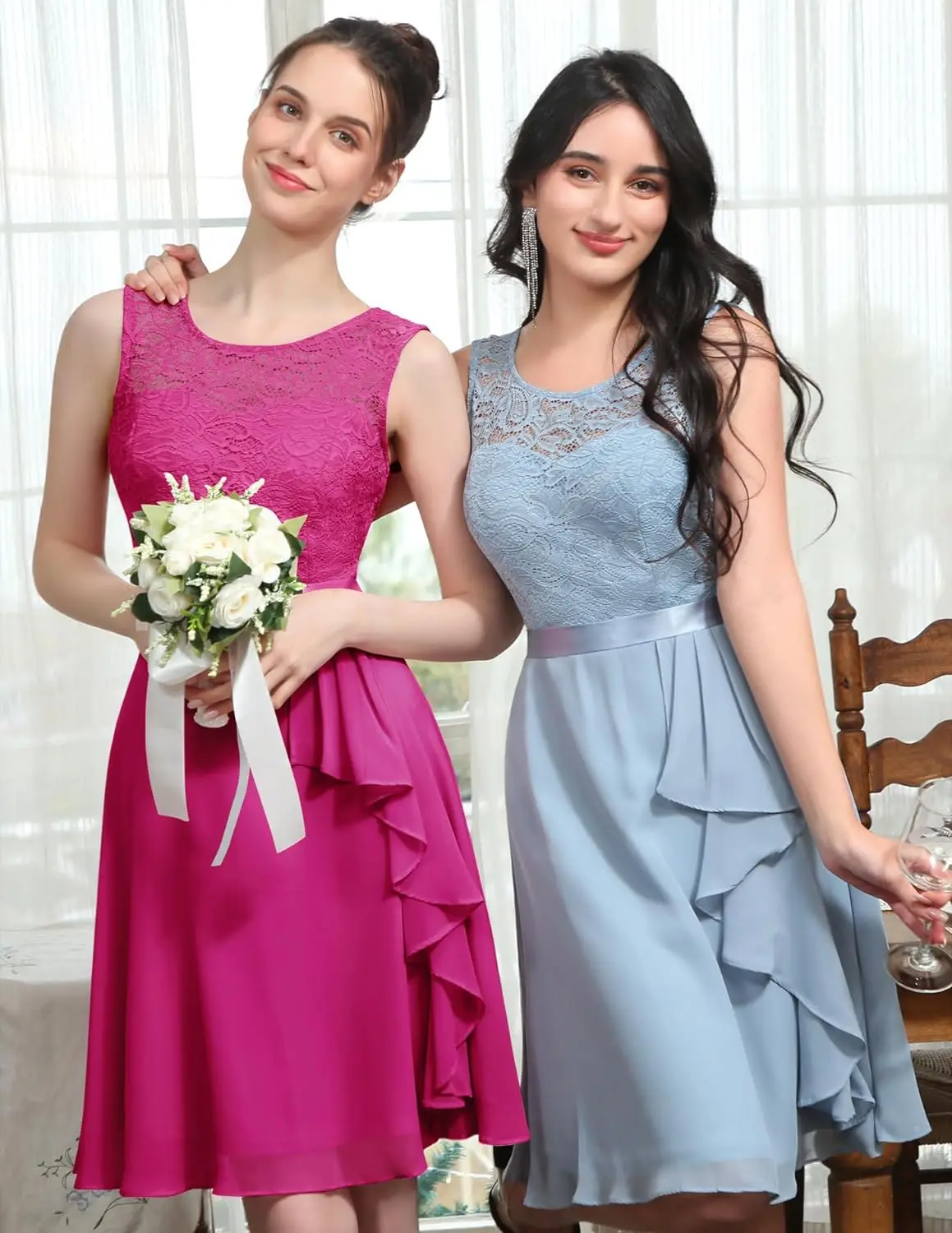 

Women's Cocktail Dresses Prom Wedding Guest Short Bridesmaid Dresses Ruffle Hem Sleeveless Lace Formal Dress