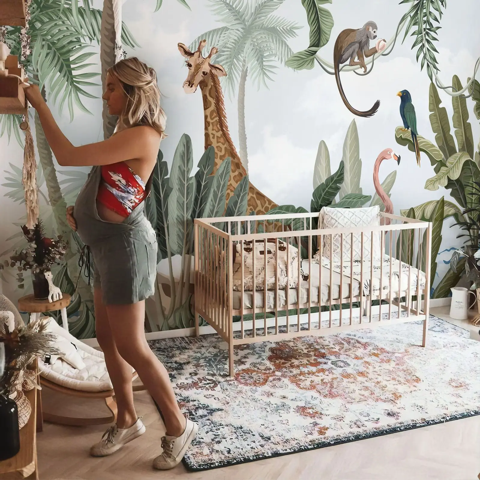Wallpaper Mural para Crianças Berçário Rosa Flamingo e Girafa Animais do Safari Bonito