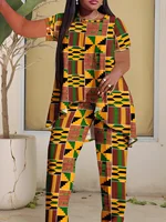 Plus Size European and American Multicolored Plaid Geometric Print Outfit, Fashionable Wide-Leg Pants Set, Comfortable to Wear, - Image 3