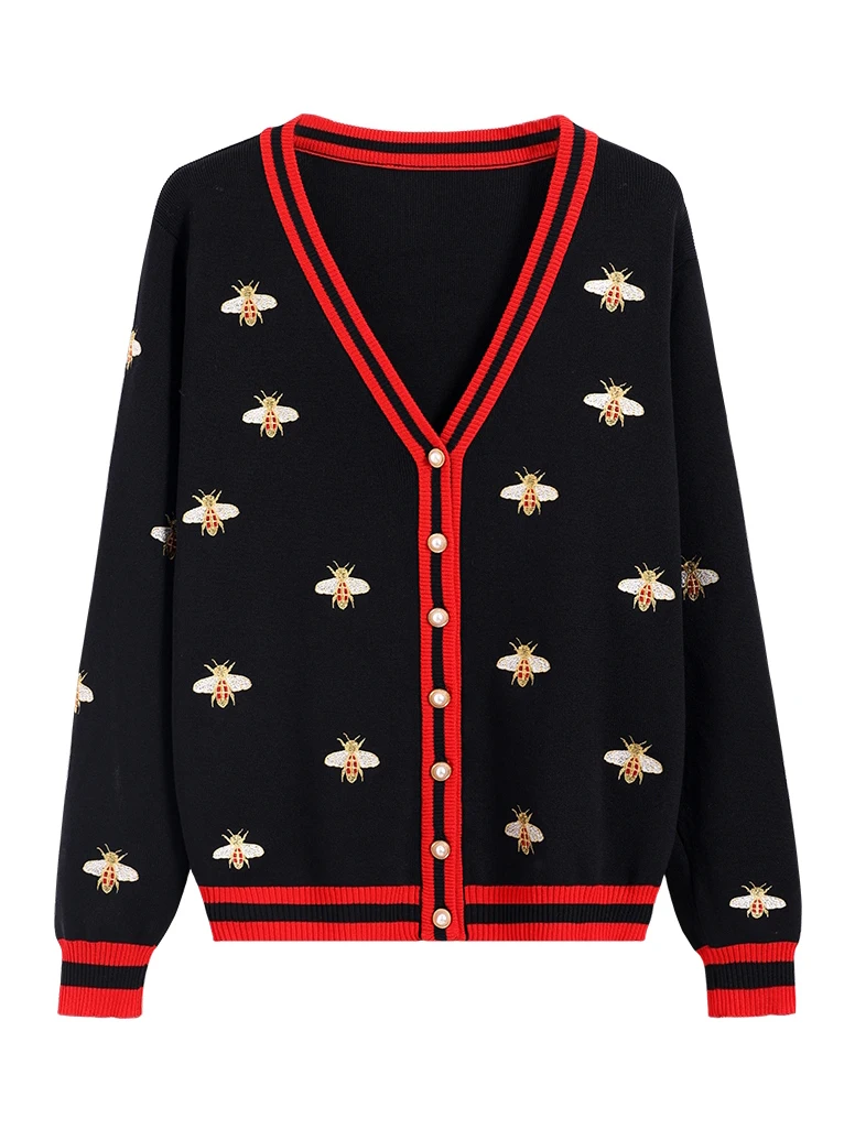 High Quality Fashion Designer Bee Embroidery Cardigan Long