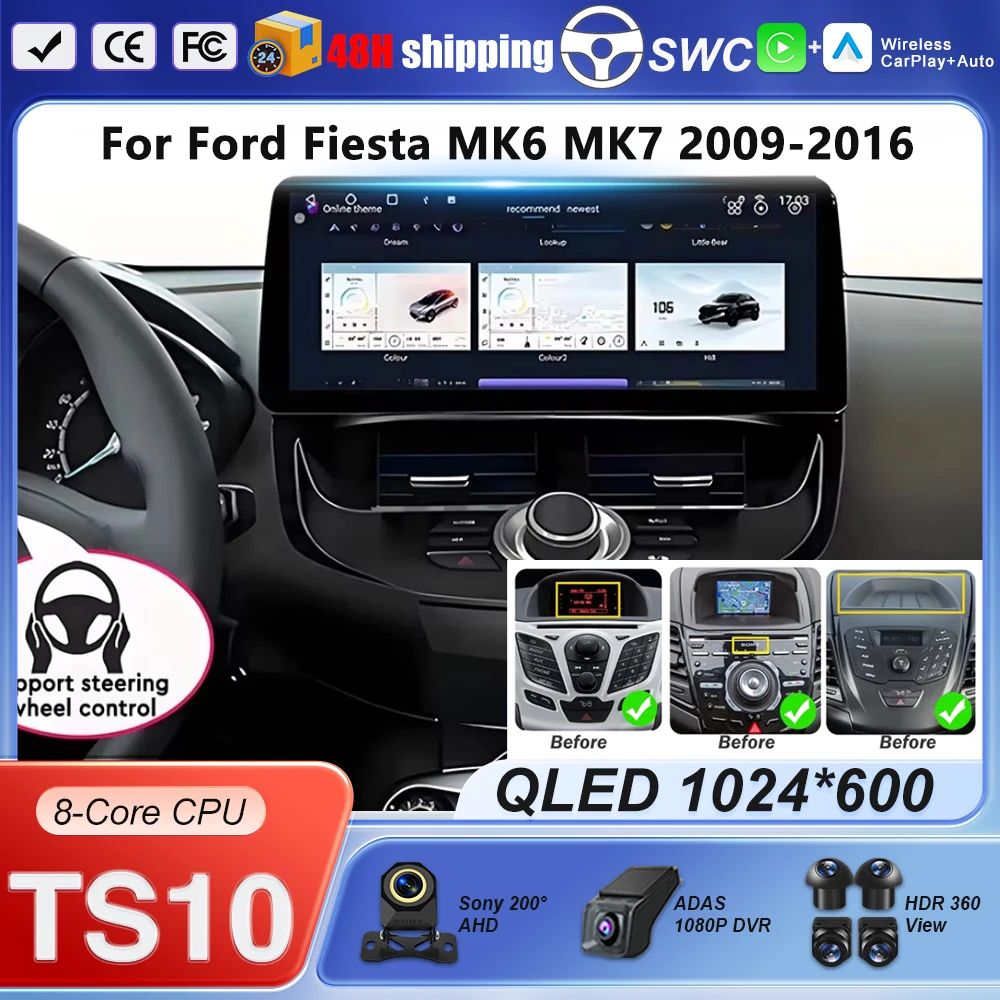 Reproductor Multimedia para Auto Android 16 de 12.3 Pulgadas con Carplay para Ford Fiesta MK6 MK7 2009-2016, 8 Núcleos, Receptor Estéreo, Radio, GPS, 4G, WIFI